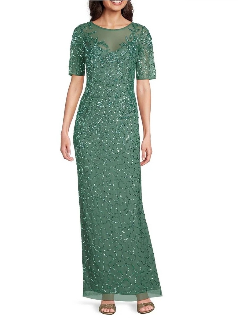 Adrianna Papell Green Beaded Mesh Illusion Neck Elbow Sleeve Column Gown Size 0